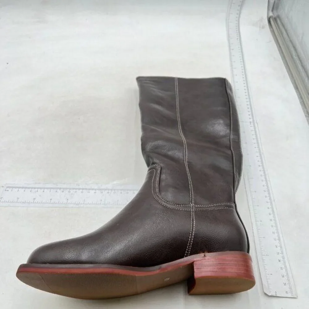 FOWT Women Platform Round Toe Calf High Boots Chunky Block Low Heel Brown Shoes